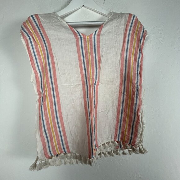 Antibes Blanc Womens Multi-Color Striped V-Neck Linen Top Medium Tassel Hem - Picture 2 of 7